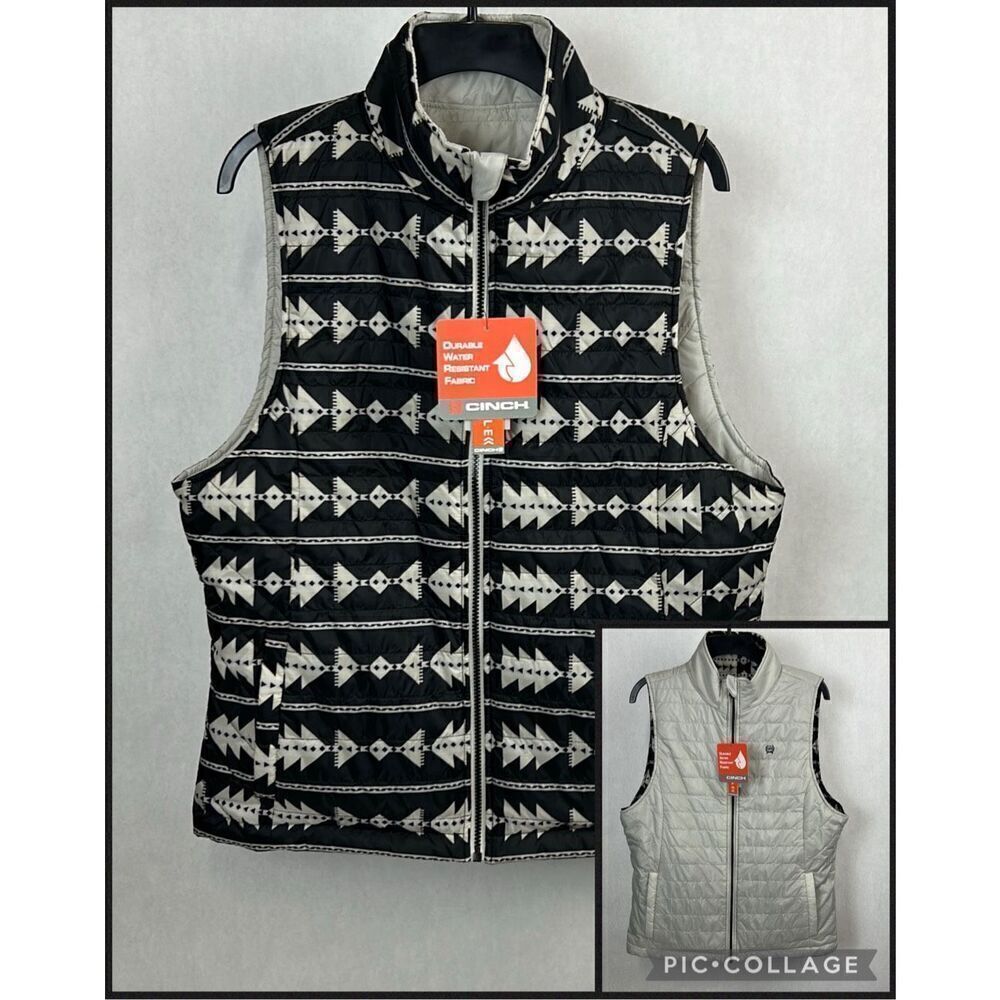 NEW Cinch Womens Reversible Vest Sz XXL Quilted Puffer Cream Black Aztec Zip 2XL